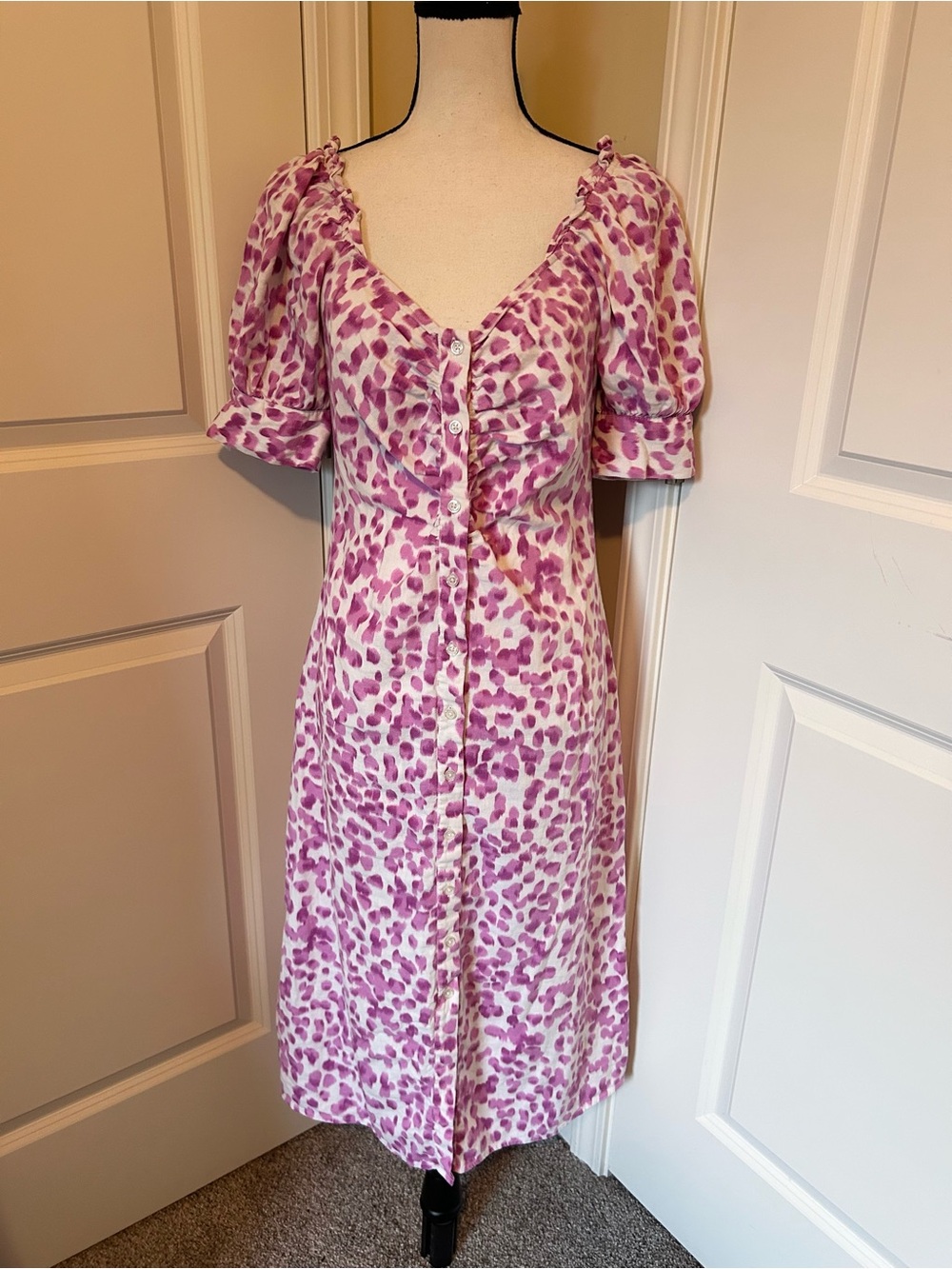 Who What Wear Pink Animal-Print Puff-Sleeve Midi Dress linen blend